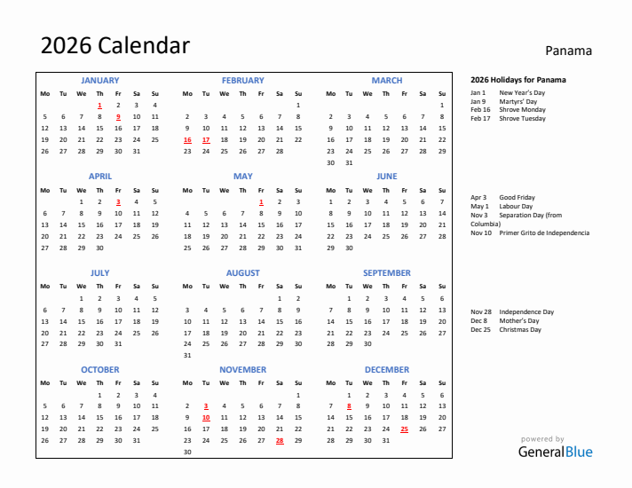 2026 Calendar with Holidays for Panama