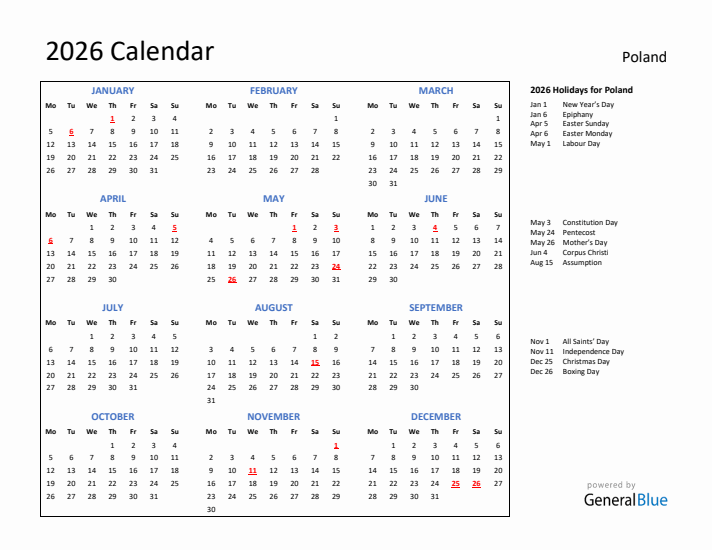 2026 Calendar with Holidays for Poland