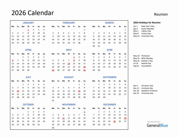 2026 Calendar with Holidays for Reunion