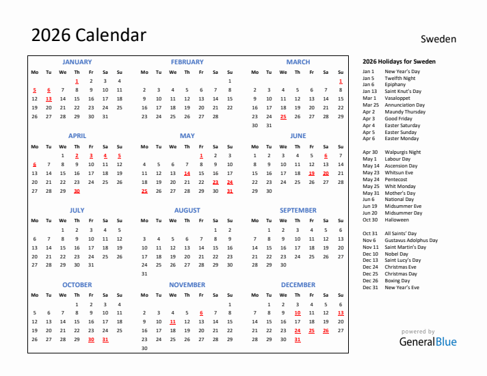 2026 Calendar with Holidays for Sweden