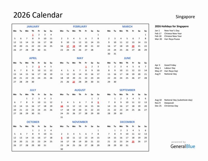 2026 Calendar with Holidays for Singapore