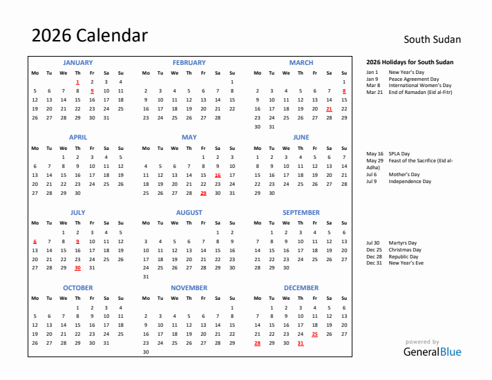 2026 Calendar with Holidays for South Sudan