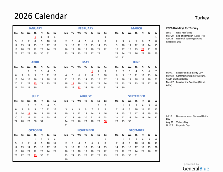 2026 Calendar with Holidays for Turkey