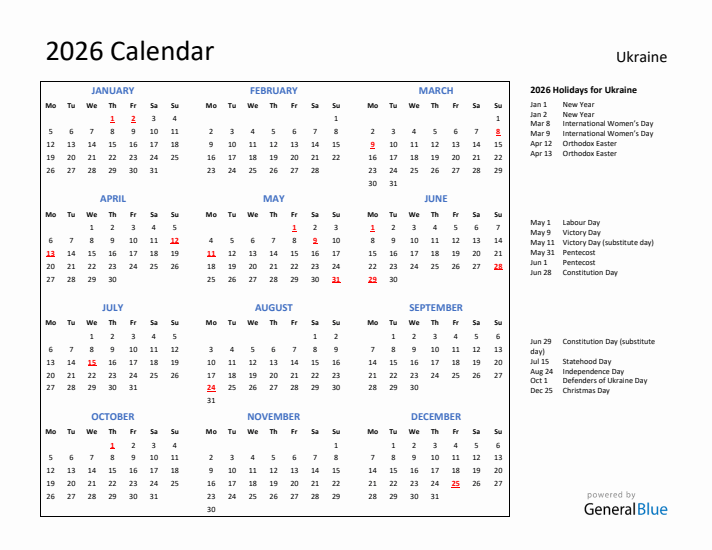 2026 Calendar with Holidays for Ukraine