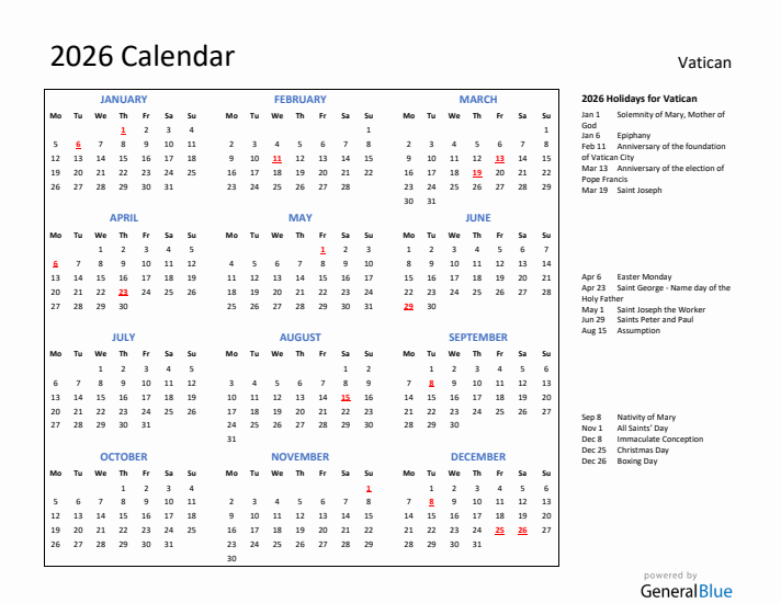 2026 Calendar with Holidays for Vatican