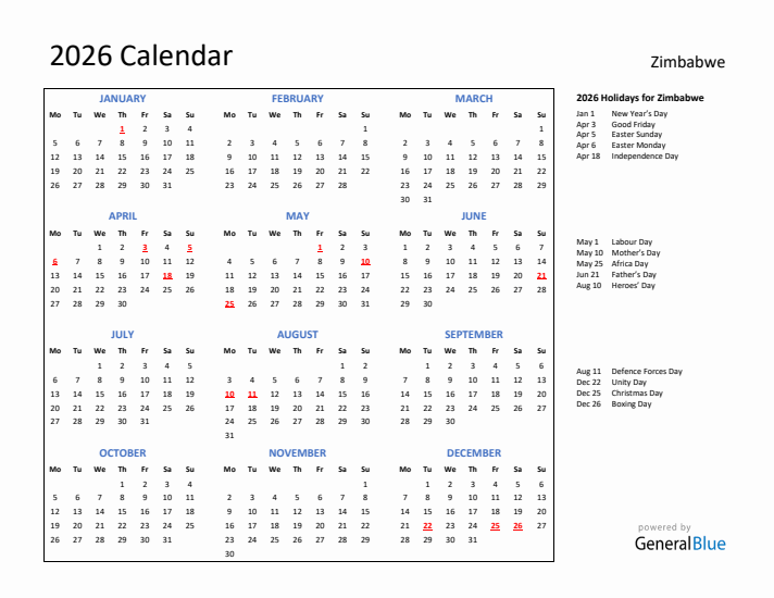 2026 Calendar with Holidays for Zimbabwe