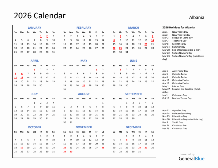 2026 Calendar with Holidays for Albania