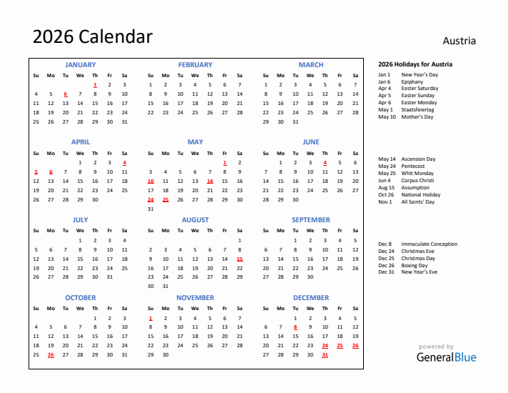 2026 Calendar with Holidays for Austria