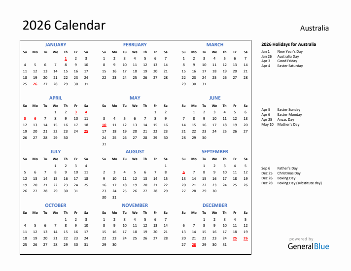 2026 Calendar with Holidays for Australia