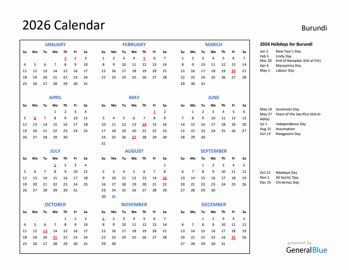 2026 Calendar with Holidays for Burundi