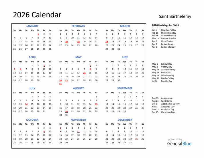 2026 Calendar with Holidays for Saint Barthelemy