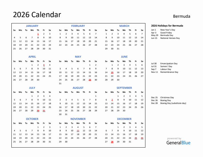 2026 Calendar with Holidays for Bermuda