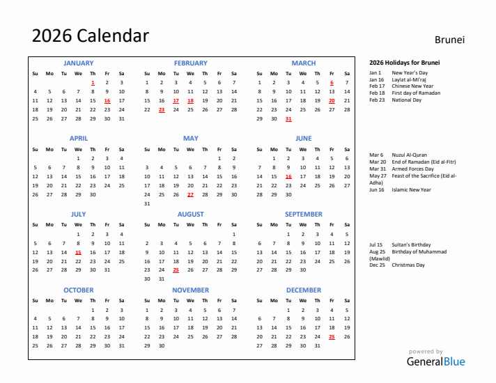 2026 Calendar with Holidays for Brunei