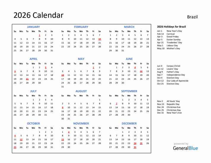 2026 Calendar with Holidays for Brazil