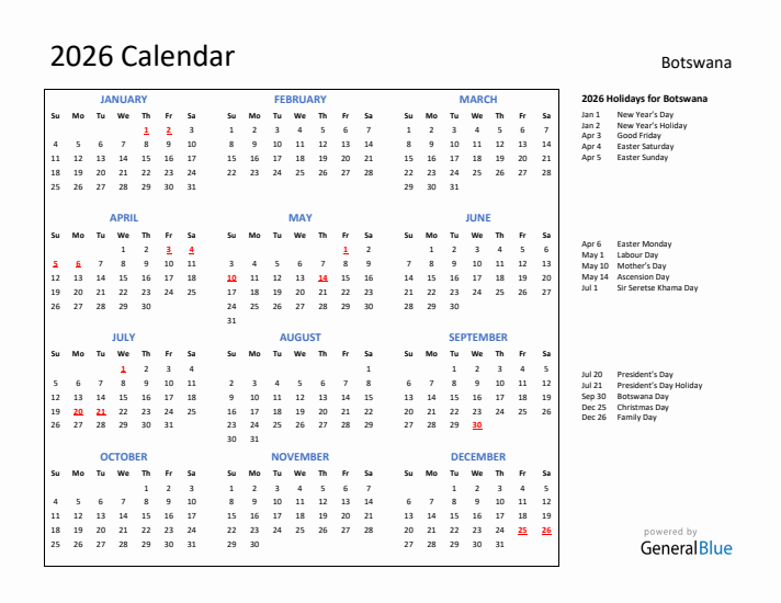 2026 Calendar with Holidays for Botswana