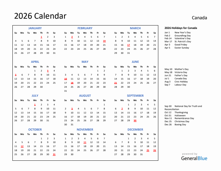 2026 Calendar with Holidays for Canada