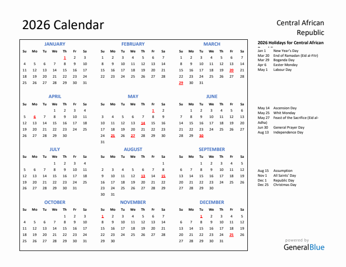 2026 Calendar with Holidays for Central African Republic