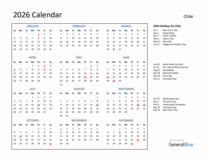 2026 Calendar with Holidays for Chile