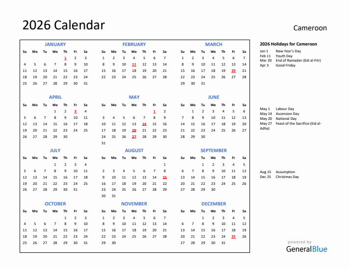 2026 Calendar with Holidays for Cameroon