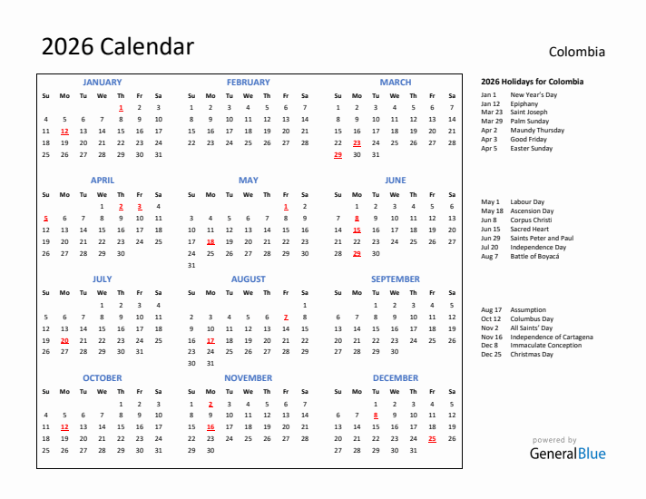 2026 Calendar with Holidays for Colombia