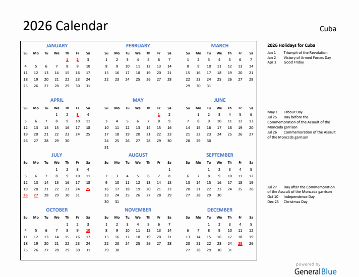 2026 Calendar with Holidays for Cuba