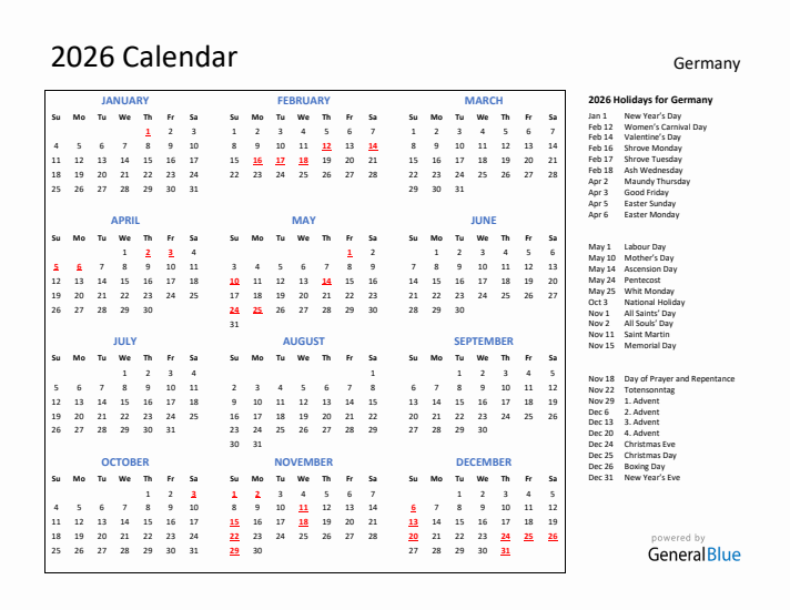 2026 Calendar with Holidays for Germany