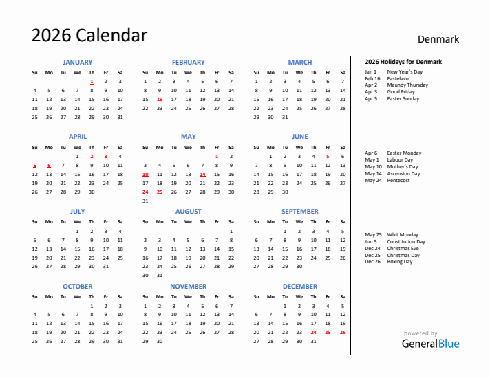 2026 Calendar with Holidays for Denmark