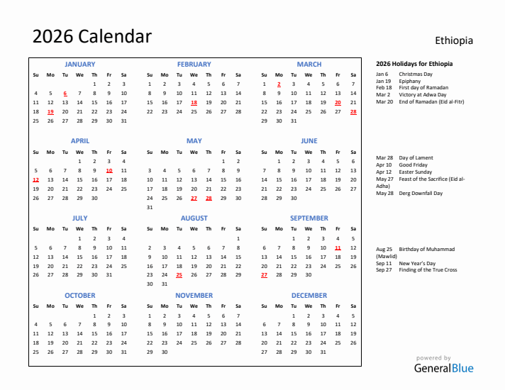 2026 Calendar with Holidays for Ethiopia