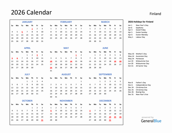 2026 Calendar with Holidays for Finland