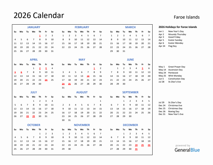 2026 Calendar with Holidays for Faroe Islands