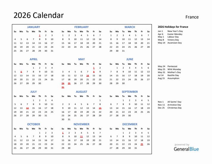 2026 Calendar with Holidays for France