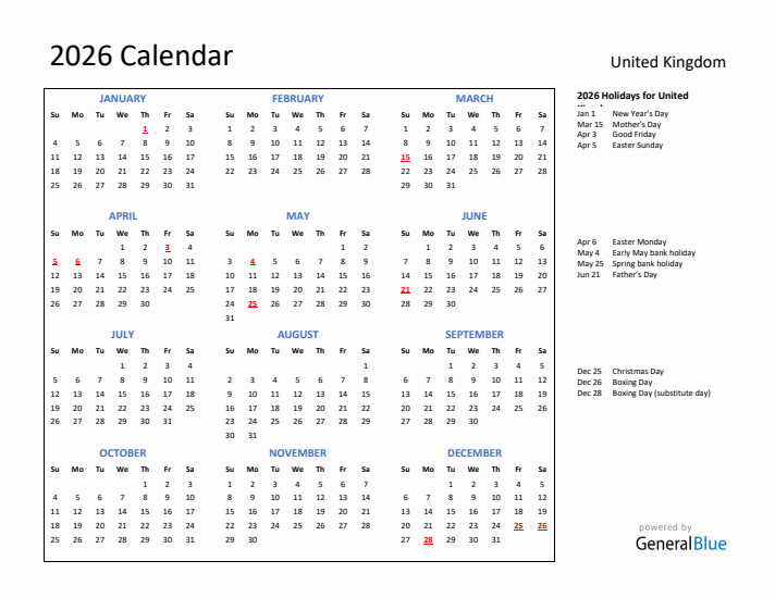 2026 Calendar with Holidays for United Kingdom