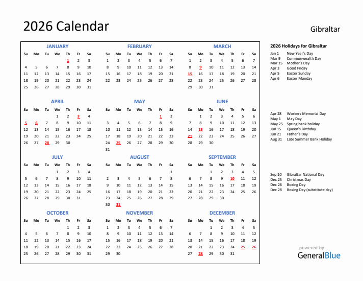 2026 Calendar with Holidays for Gibraltar