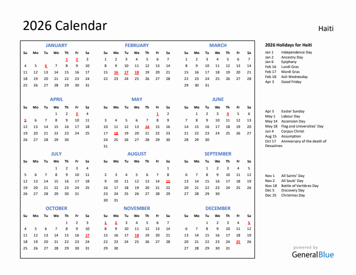 2026 Calendar with Holidays for Haiti