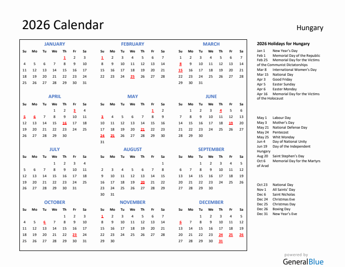 2026 Calendar with Holidays for Hungary