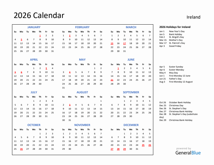 2026 Calendar with Holidays for Ireland