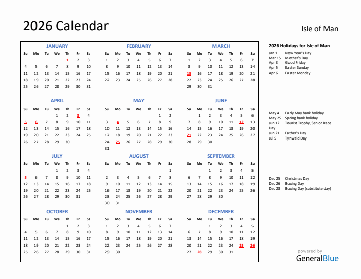 2026 Calendar with Holidays for Isle of Man