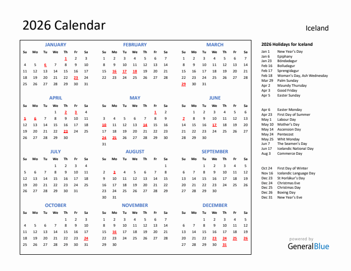 2026 Calendar with Holidays for Iceland