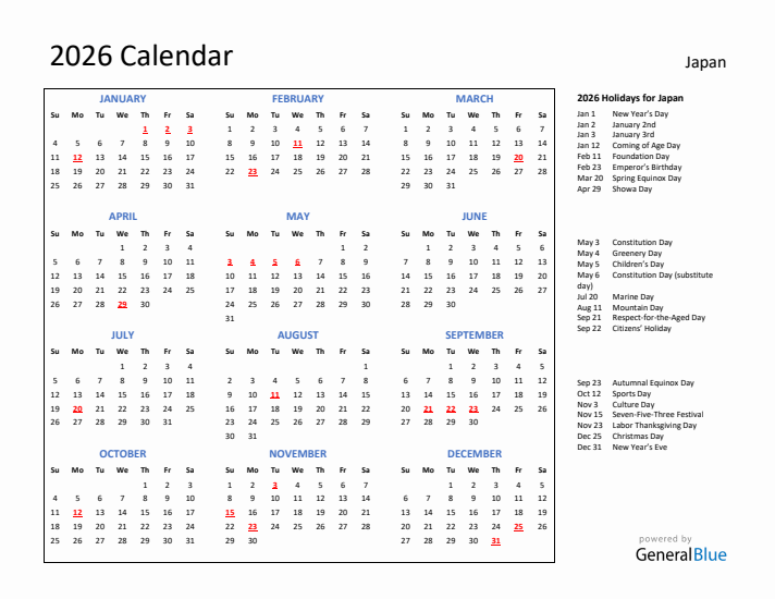 2026 Calendar with Holidays for Japan