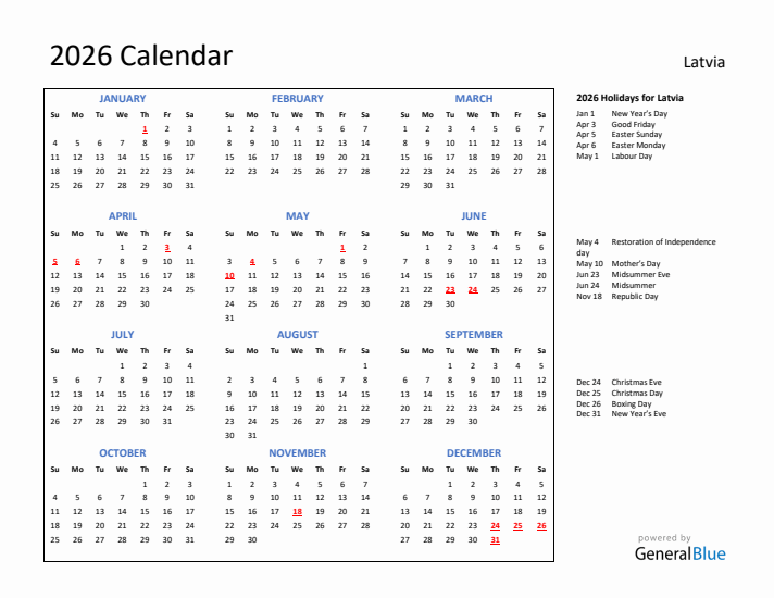 2026 Calendar with Holidays for Latvia