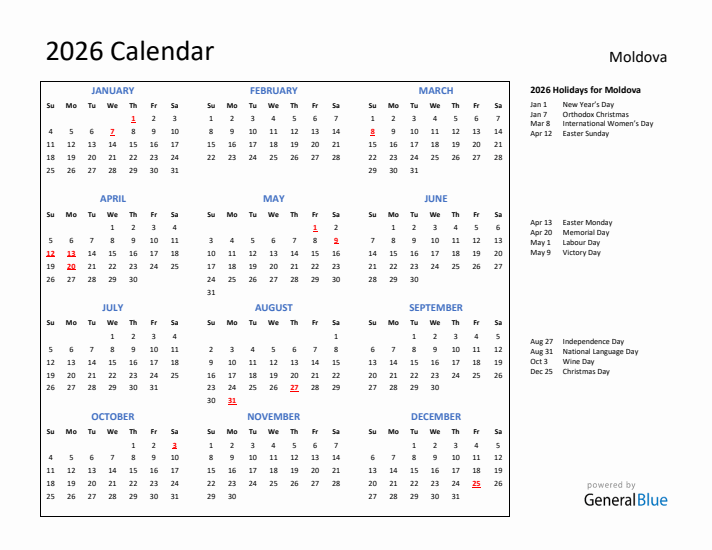 2026 Calendar with Holidays for Moldova