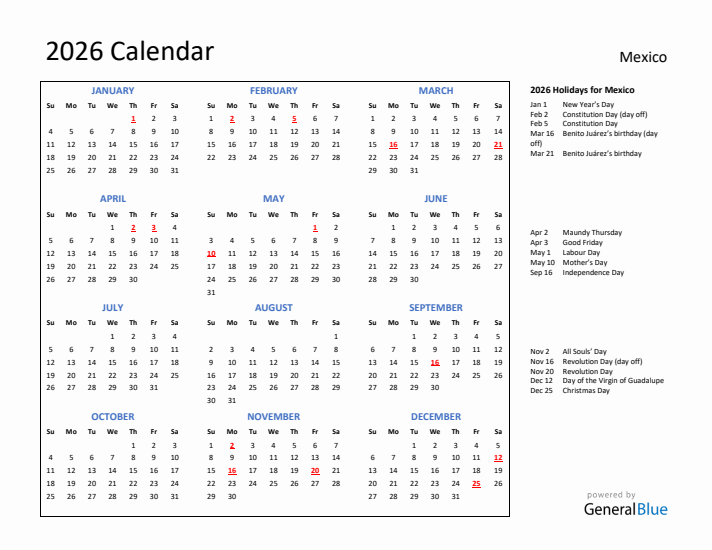 2026 Calendar with Holidays for Mexico