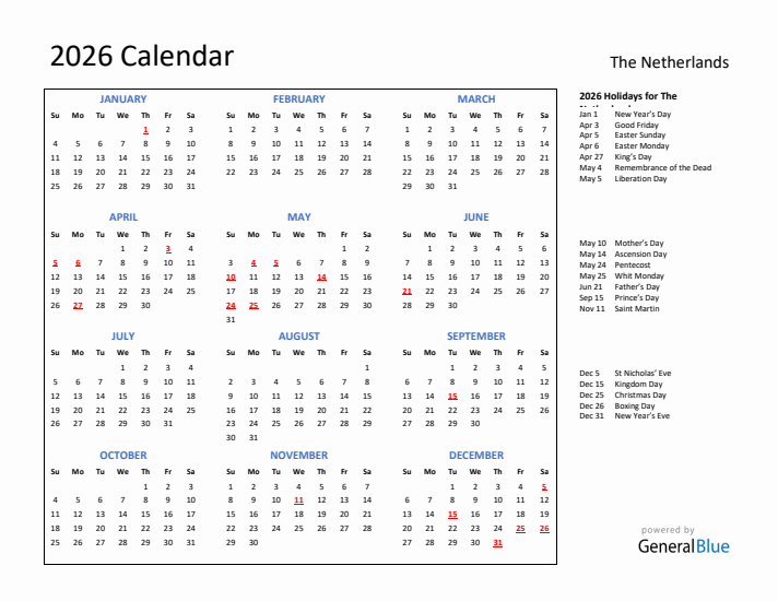 2026 Calendar with Holidays for The Netherlands