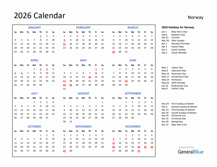 2026 Calendar with Holidays for Norway