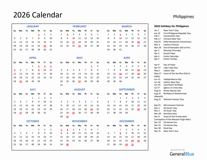 2026 Calendar with Holidays for Philippines