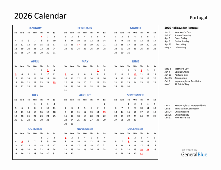 2026 Calendar with Holidays for Portugal