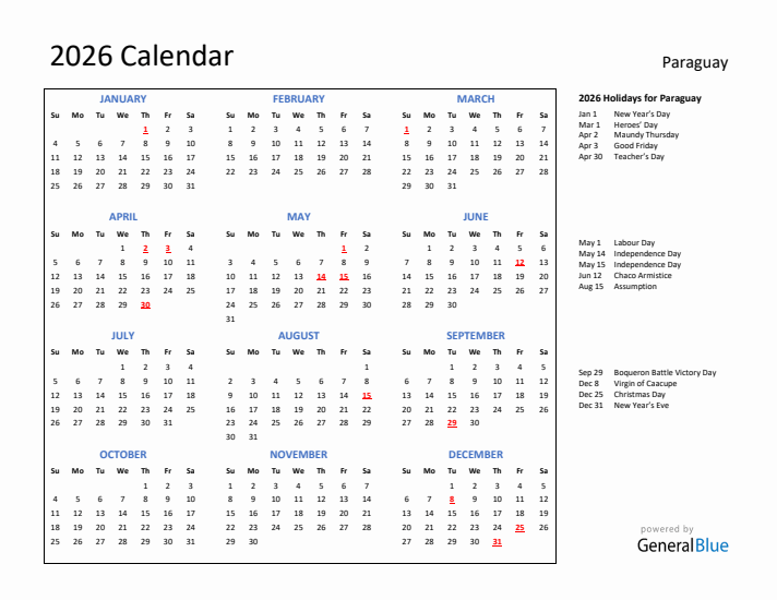 2026 Calendar with Holidays for Paraguay