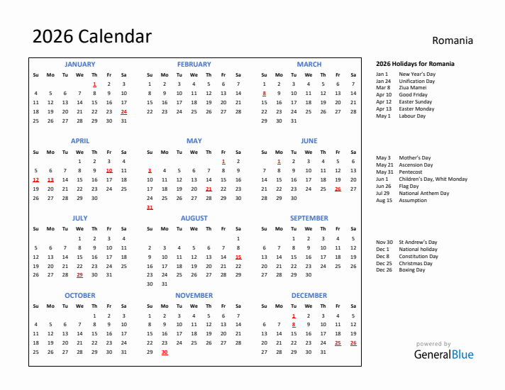 2026 Calendar with Holidays for Romania