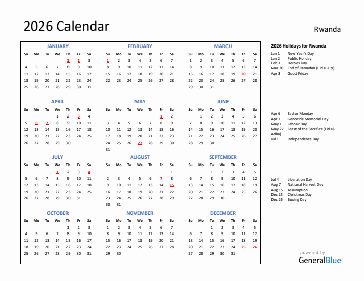 2026 Calendar with Holidays for Rwanda