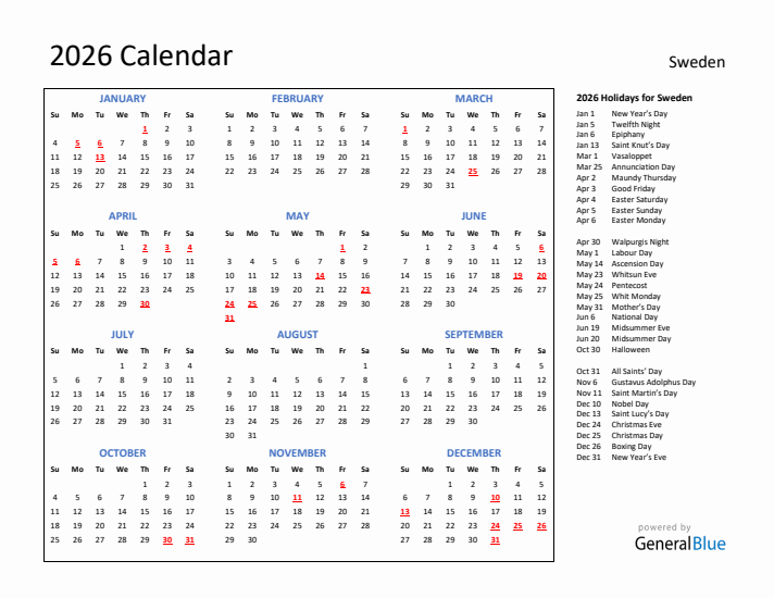 2026 Calendar with Holidays for Sweden